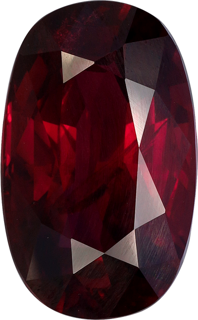Cushion cut mozambique ruby, 12.78 by 7.92 mm, shown at actual size