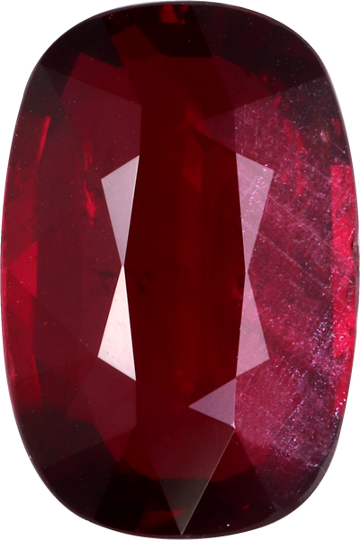 Cushion cut mozambique ruby, 12.5 by 8.36 mm, shown at actual size
