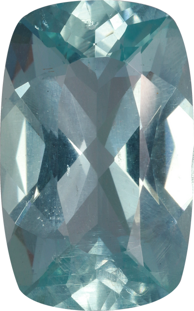 Cushion cut aquamarine, 16.22 by 10.14 mm, shown at actual size