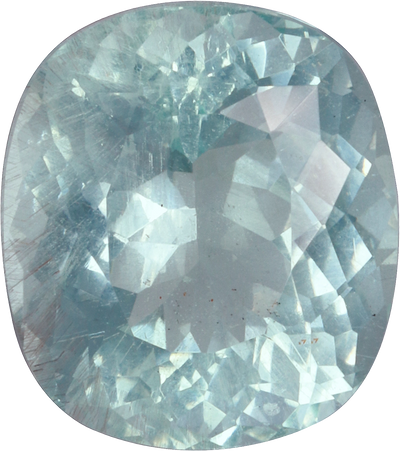 Cushion cut aquamarine, 11.07 by 9.78 mm, shown at actual size