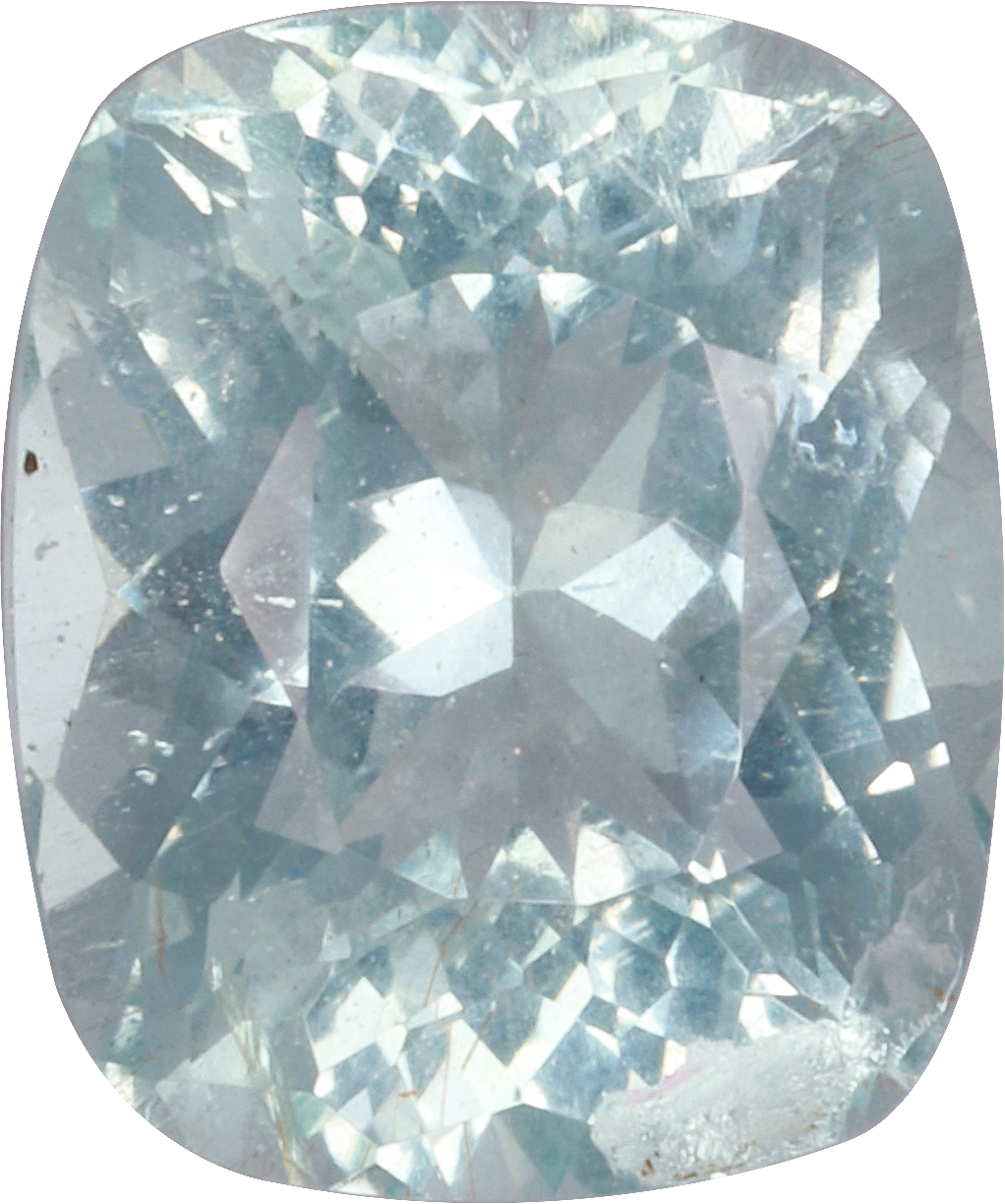 Cushion cut aquamarine, 9.78 by 8.2 mm, shown at actual size