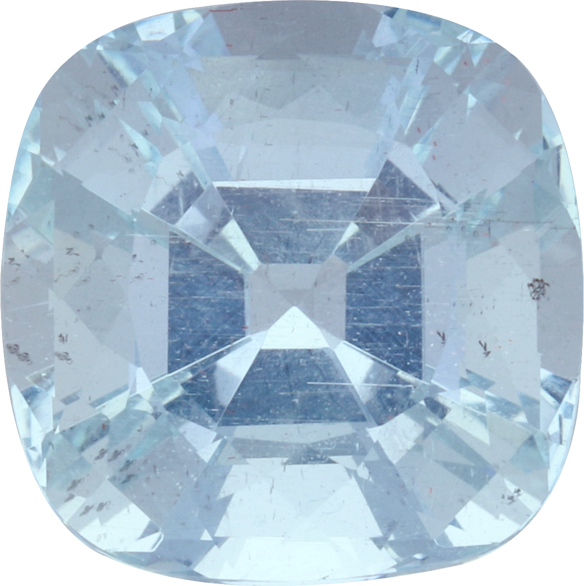 Cushion cut aquamarine, 11.13 by 11.07 mm, shown at actual size