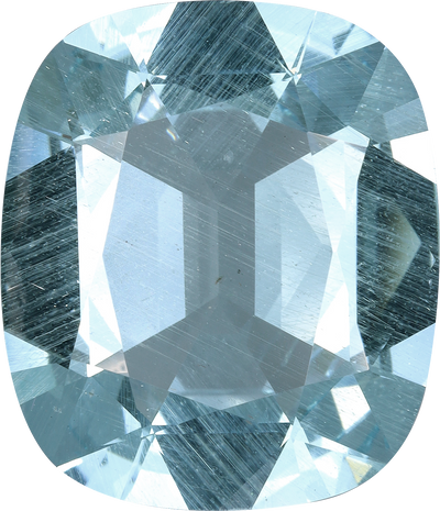 Cushion cut aquamarine, 22.96 by 19.71 mm, shown at actual size