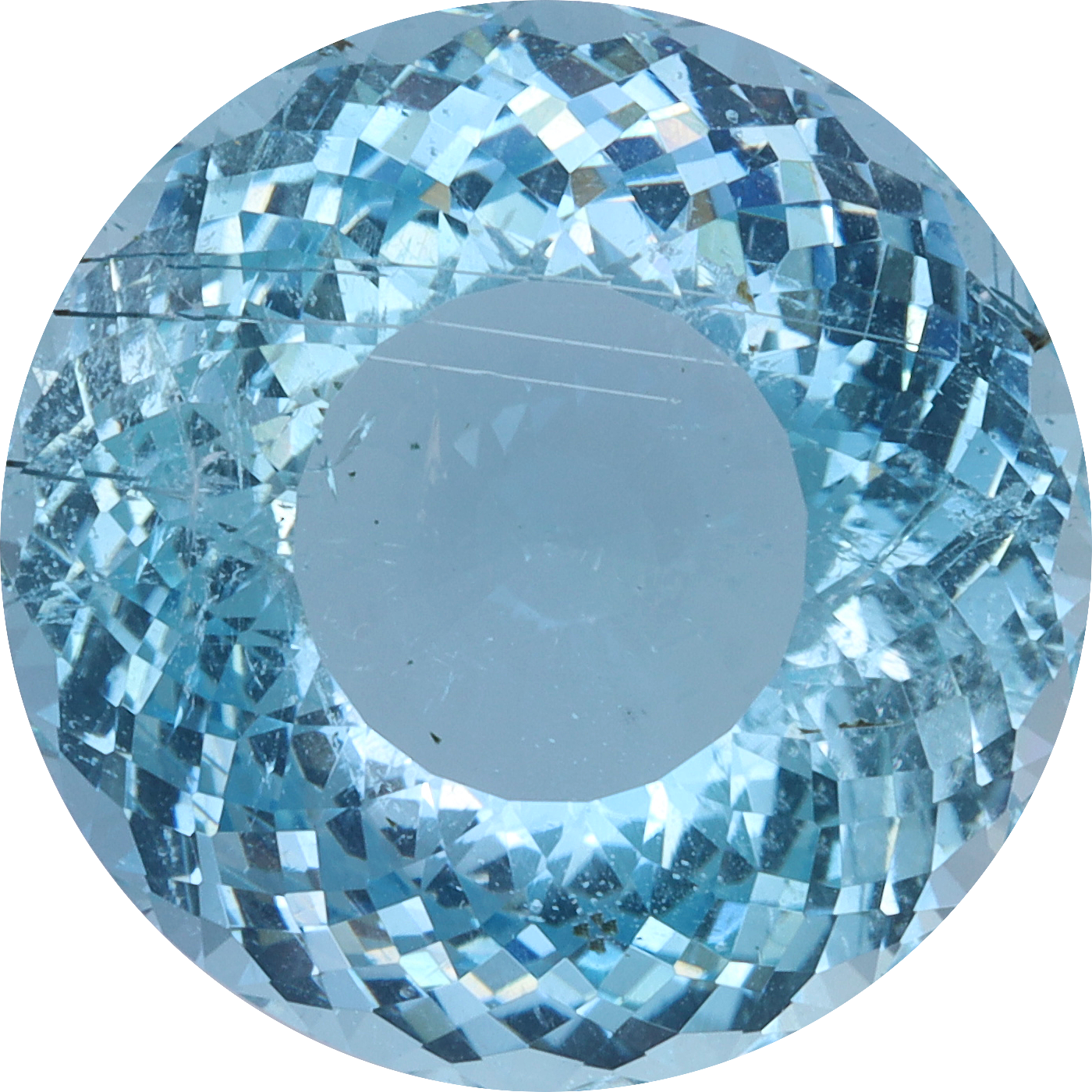 Round cut aquamarine, 17.53 by 17.52 mm, shown at actual size