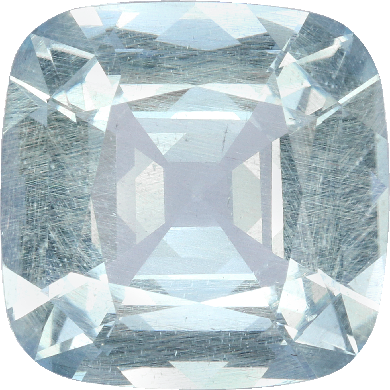 Cushion cut aquamarine, 15.11 by 15.1 mm, shown at actual size