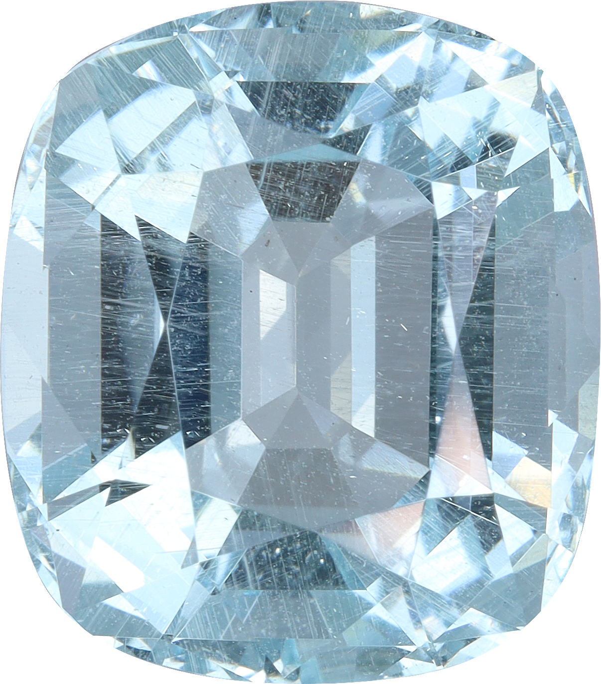 Cushion cut aquamarine, 15.1 by 13.2 mm, shown at actual size