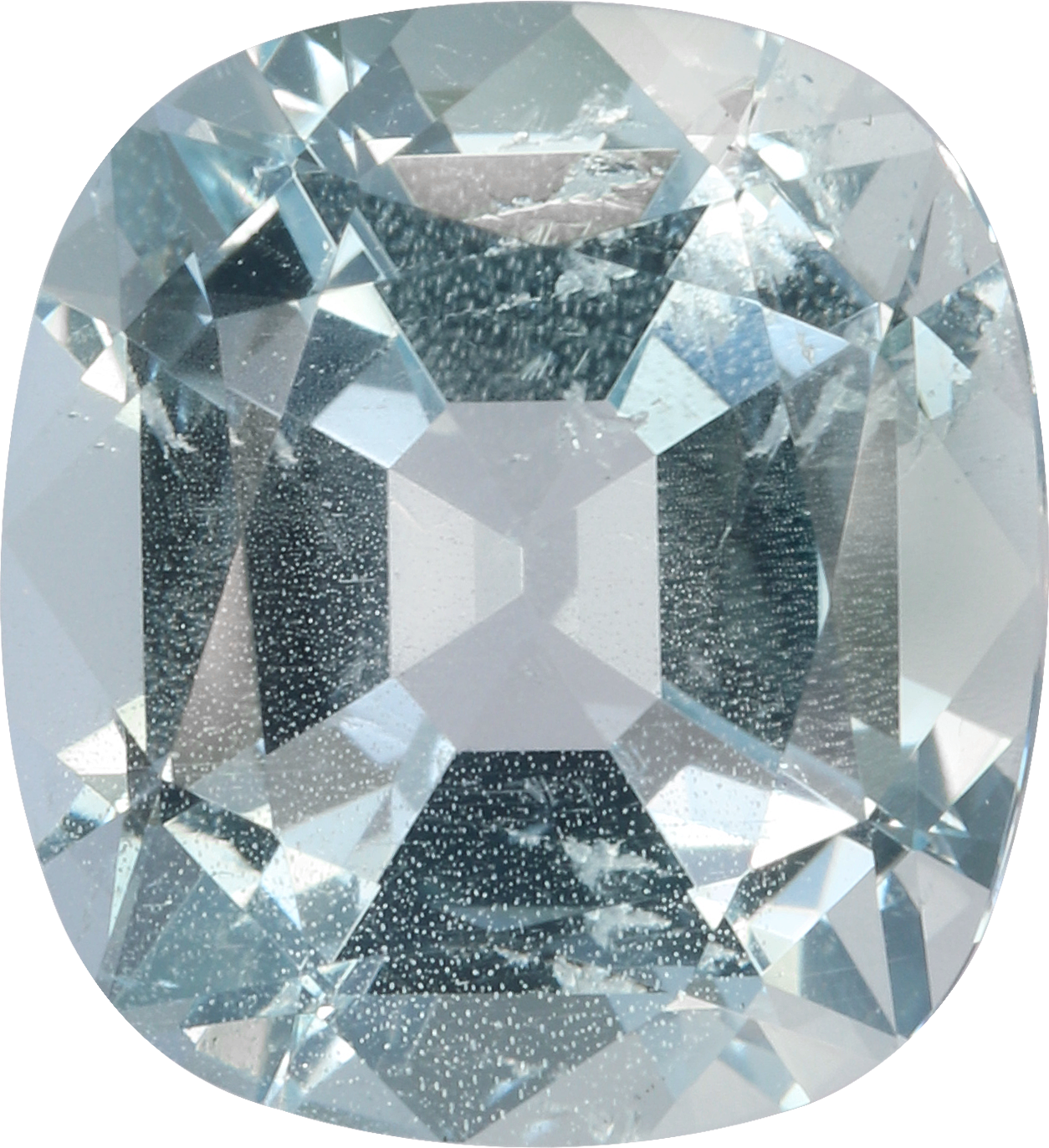 Cushion cut aquamarine, 10.07 by 9.24 mm, shown at actual size