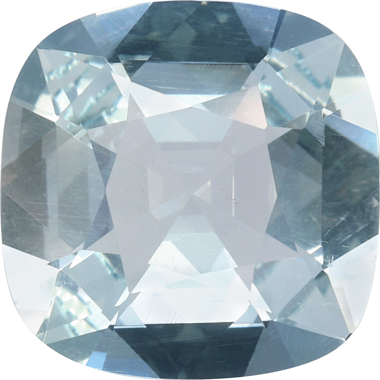Cushion cut aquamarine, 11.04 by 11.03 mm, shown at actual size