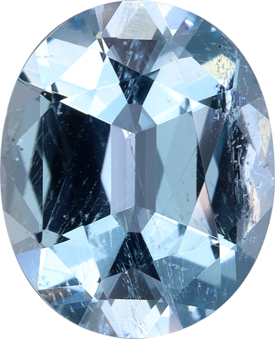 Oval cut aquamarine, 12 by 9.75 mm, shown at actual size