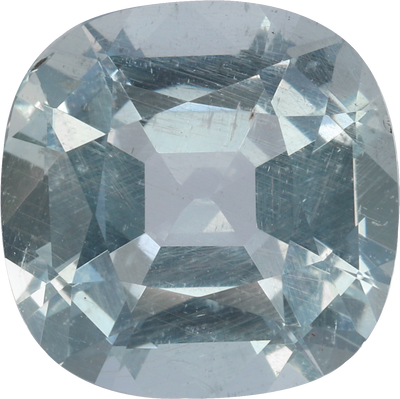 Cushion cut aquamarine, 9.98 by 9.96 mm, shown at actual size