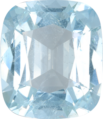 Cushion cut aquamarine, 22.77 by 19.61 mm, shown at actual size