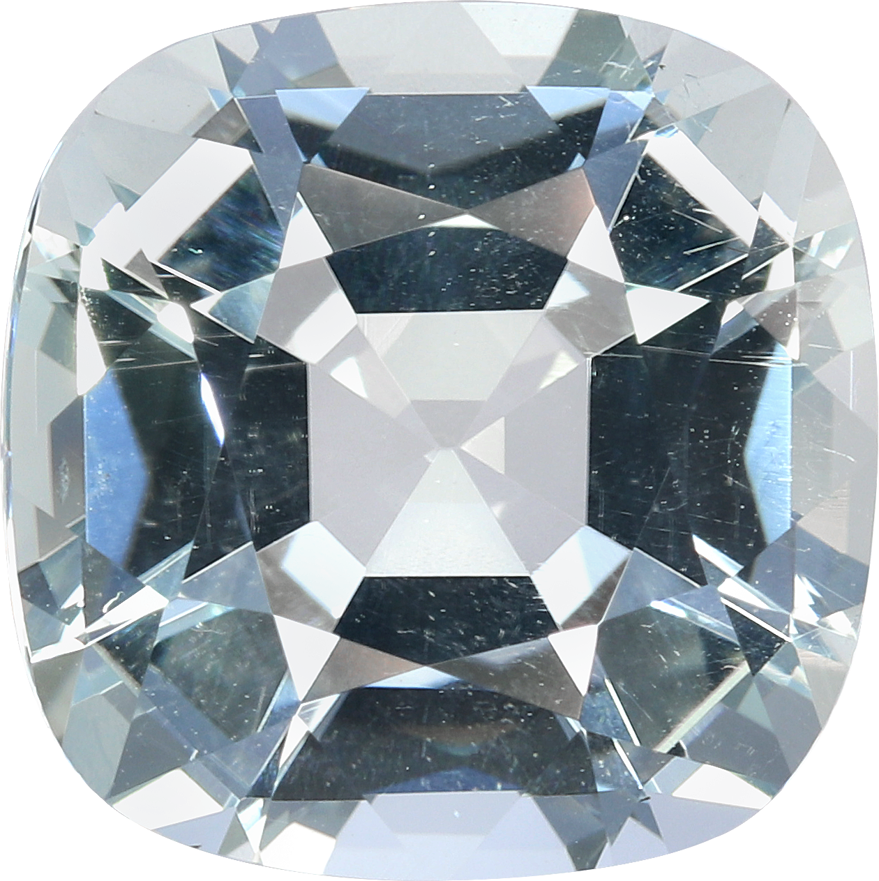 Cushion cut aquamarine, 12.17 by 12.1 mm, shown at actual size