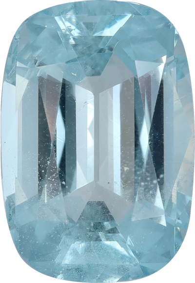 Cushion cut aquamarine, 14.59 by 9.99 mm, shown at actual size