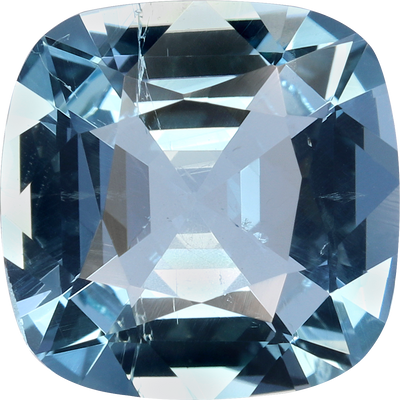 Cushion cut aquamarine, 9.68 by 9.68 mm, shown at actual size