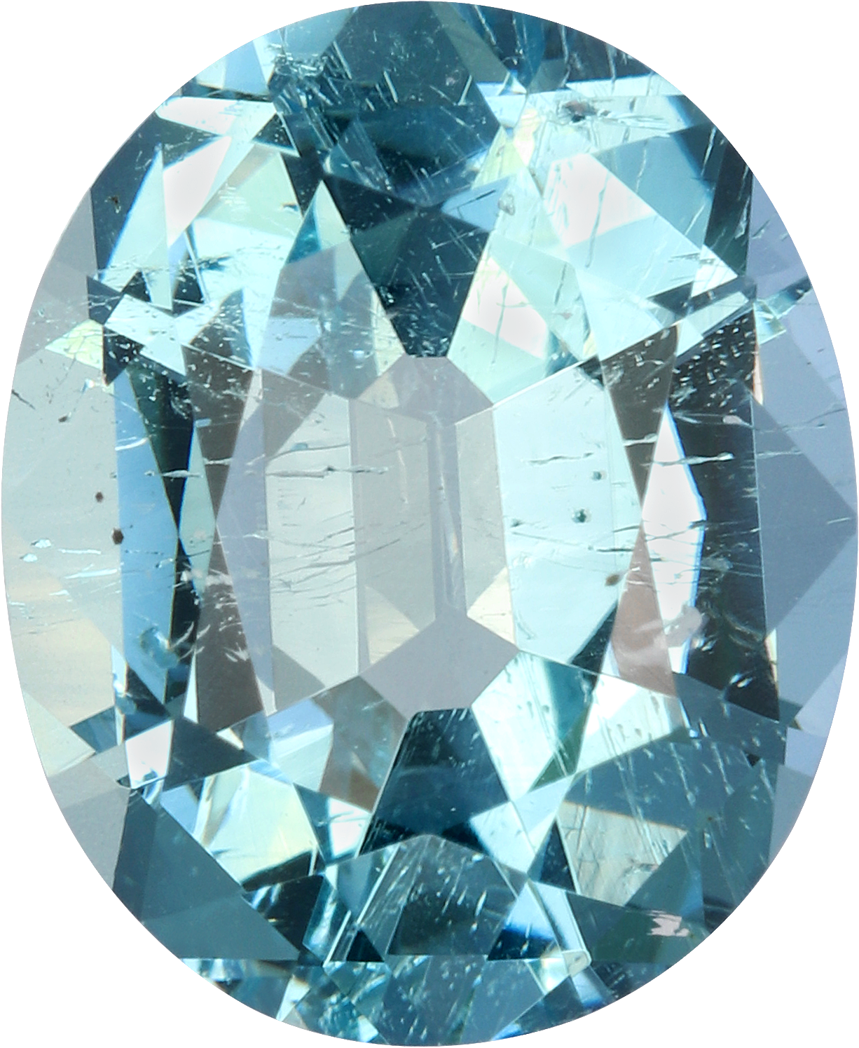 Oval cut aquamarine, 11.11 by 9.1 mm, shown at actual size