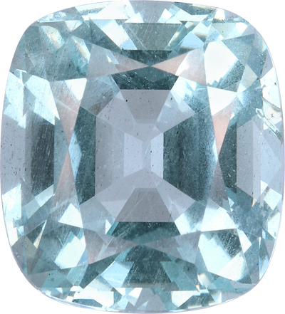 Cushion cut aquamarine, 14.47 by 13.08 mm, shown at actual size