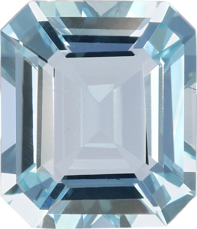 Rectangular cut aquamarine, 10.59 by 9.16 mm, shown at actual size