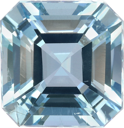 Square cut aquamarine, 7.48 by 7.34 mm, shown at actual size