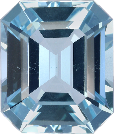 Rectangular cut aquamarine, 8.68 by 7.34 mm, shown at actual size