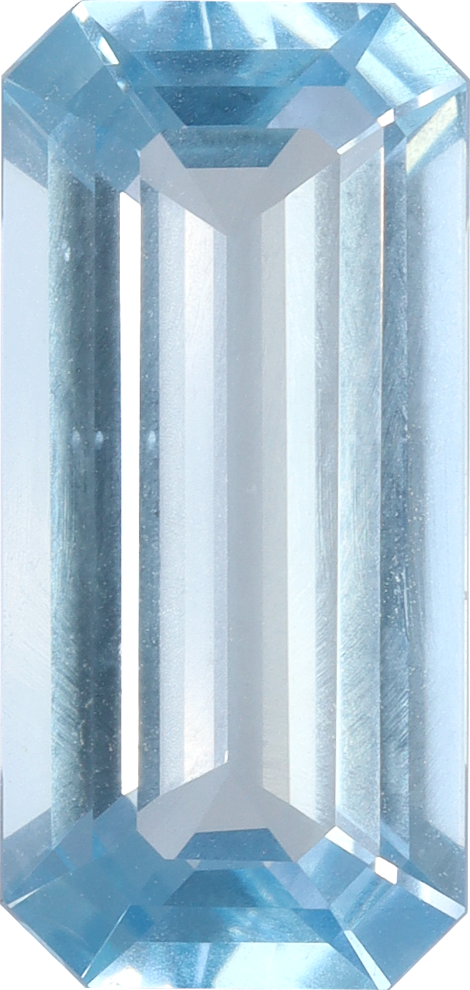Rectangular cut aquamarine, 15.54 by 7.4 mm, shown at actual size