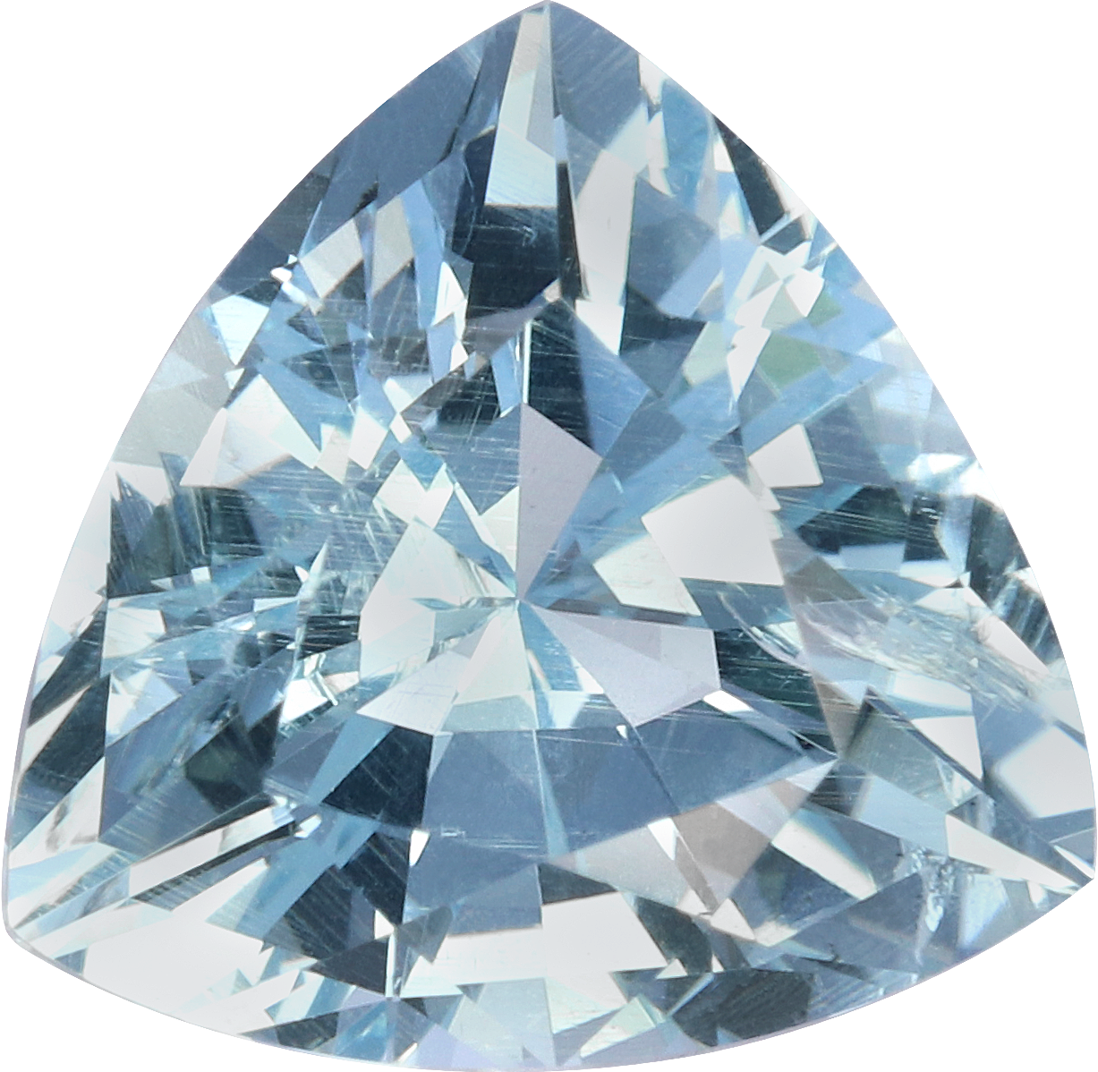 Trilliant cut aquamarine, 10.07 by 9.86 mm, shown at actual size