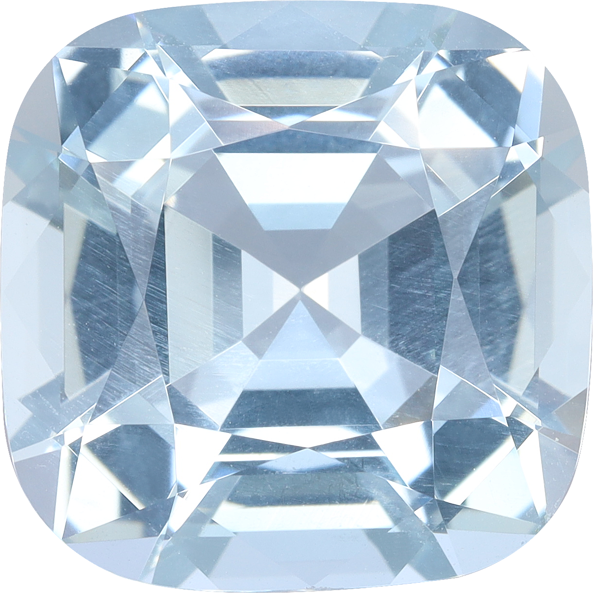 Cushion cut aquamarine, 12.72 by 12.72 mm, shown at actual size