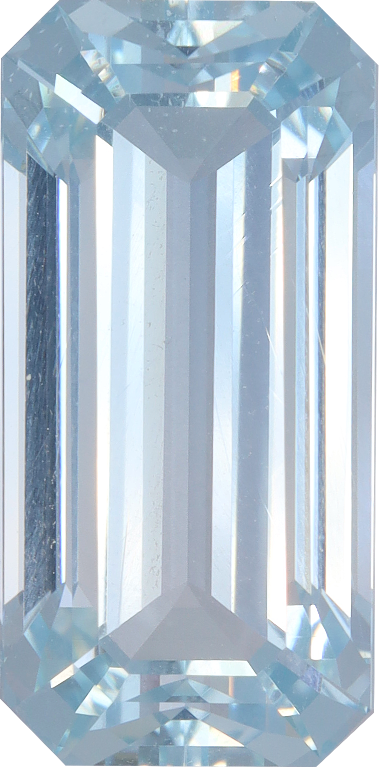 Rectangular cut aquamarine, 16.87 by 8.35 mm, shown at actual size
