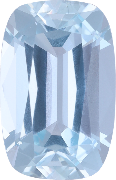 Cushion cut aquamarine, 14.38 by 9.22 mm, shown at actual size
