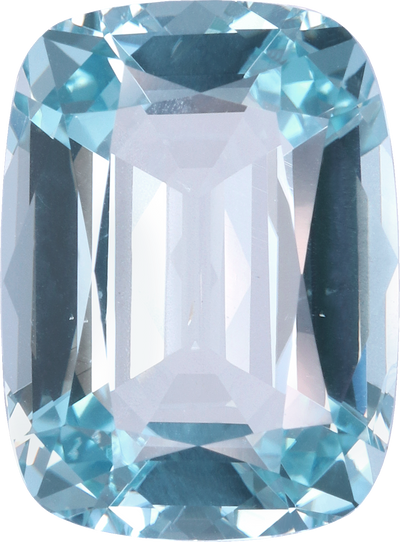 Cushion cut aquamarine, 15.39 by 11.36 mm, shown at actual size