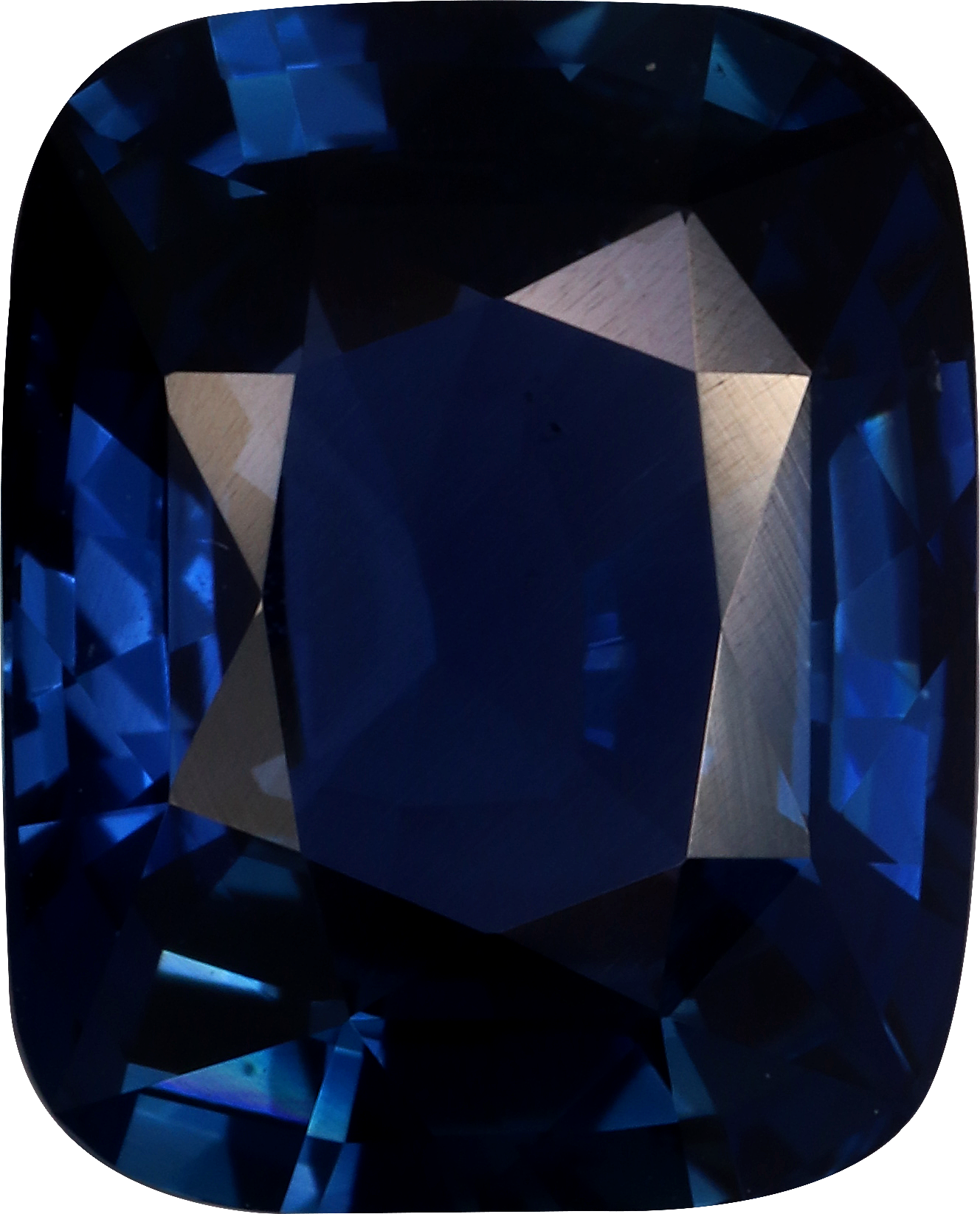 Cushion cut blue sapphire, 10.32 by 8.31 mm, shown at actual size