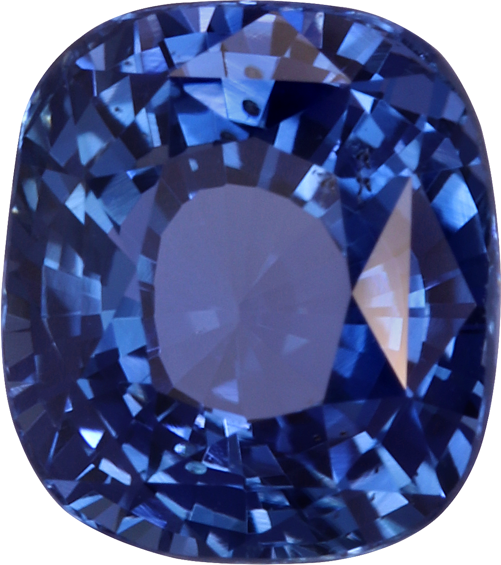Cushion cut blue sapphire, 7.65 by 6.83 mm, shown at actual size