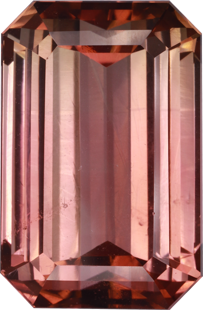 Rectangular cut pink tourmaline, 18.8 by 12.42 mm, shown at actual size