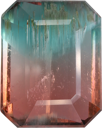 Rectangular cut bi colour tourmaline, 17.65 by 14.11 mm, shown at actual size