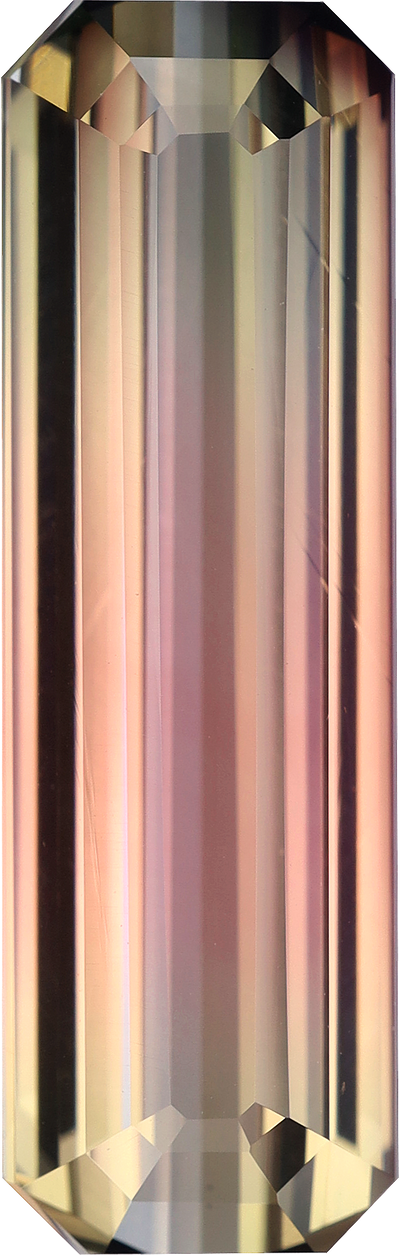 Rectangular cut bi colour tourmaline, 27 by 8.5 mm, shown at actual size