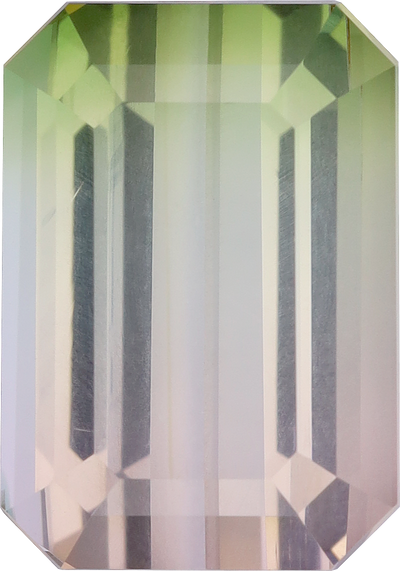 Rectangular cut bi colour tourmaline, 15.82 by 11.09 mm, shown at actual size