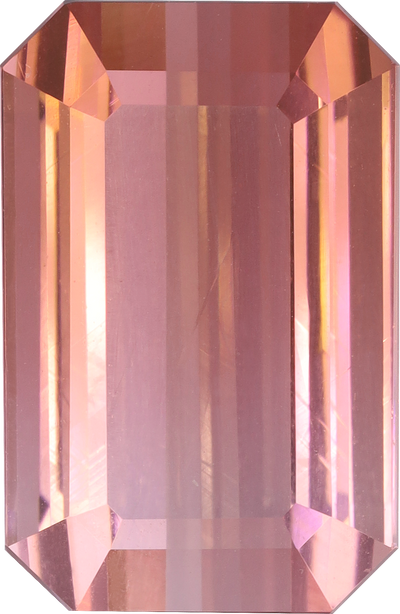 Rectangular cut pink tourmaline, 14.15 by 9.2 mm, shown at actual size