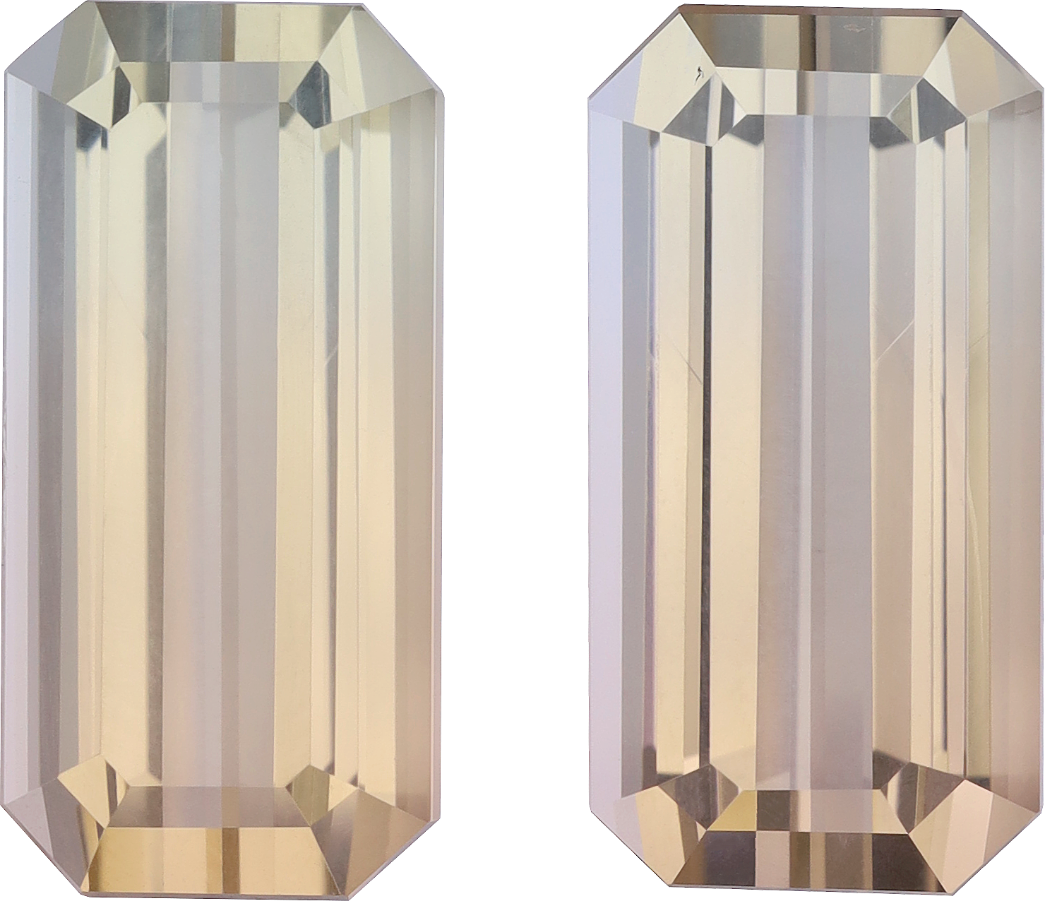 Rectangular cut bi colour tourmaline, 19.12 by 9.86 mm, shown at actual size