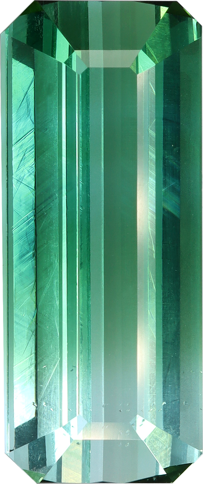 Rectangular cut bi colour tourmaline, 27.15 by 11.15 mm, shown at actual size