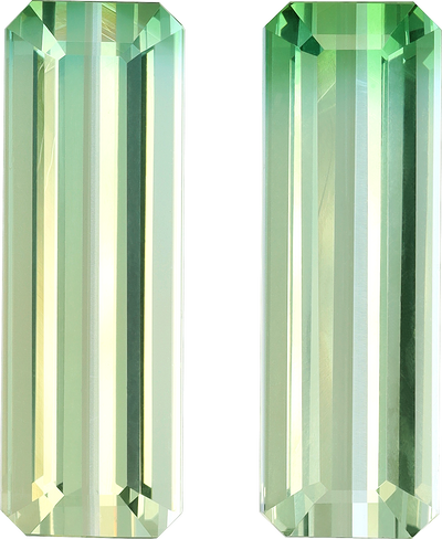 Rectangular cut bi colour tourmaline, 24.07 by 8.09 mm, shown at actual size