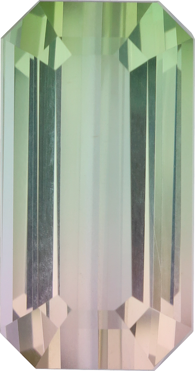 Rectangular cut bi colour tourmaline, 20.31 by 10.69 mm, shown at actual size