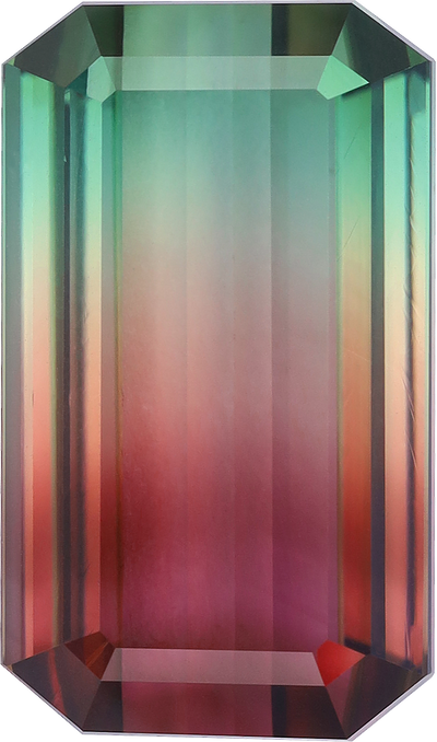 Rectangular cut bi colour tourmaline, 18.46 by 10.84 mm, shown at actual size