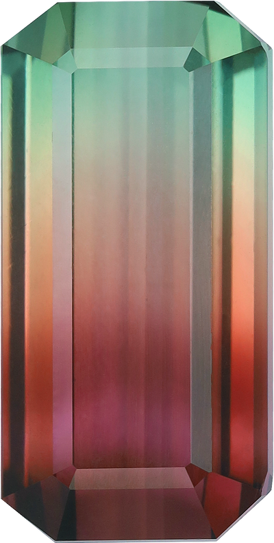 Rectangular cut bi colour tourmaline, 18.37 by 9.28 mm, shown at actual size