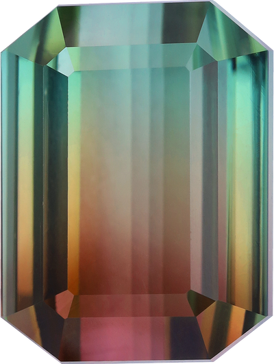 Rectangular cut bi colour tourmaline, 13.02 by 9.87 mm, shown at actual size