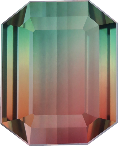 Rectangular cut bi colour tourmaline, 15.04 by 12.18 mm, shown at actual size