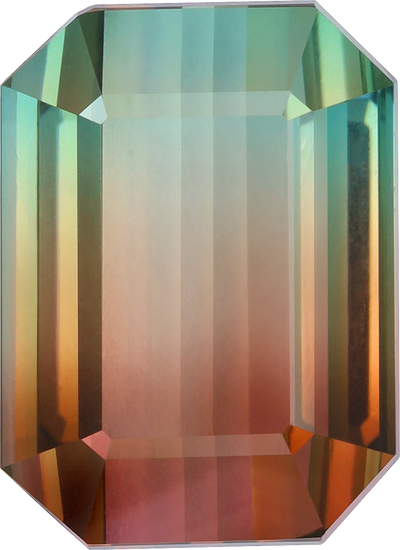 Rectangular cut bi colour tourmaline, 15.4 by 11.28 mm, shown at actual size