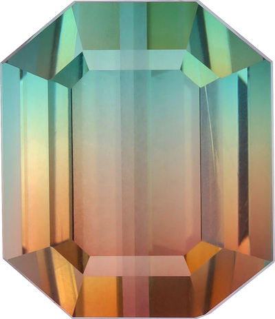 Rectangular cut bi colour tourmaline, 13.78 by 11.84 mm, shown at actual size