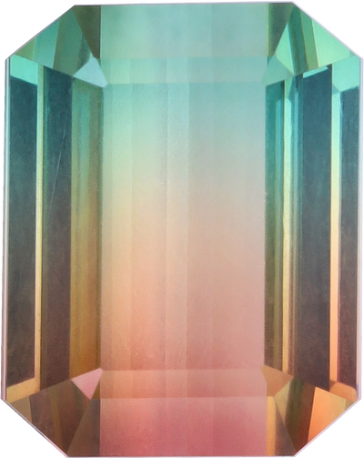 Rectangular cut bi colour tourmaline, 13.22 by 10.44 mm, shown at actual size