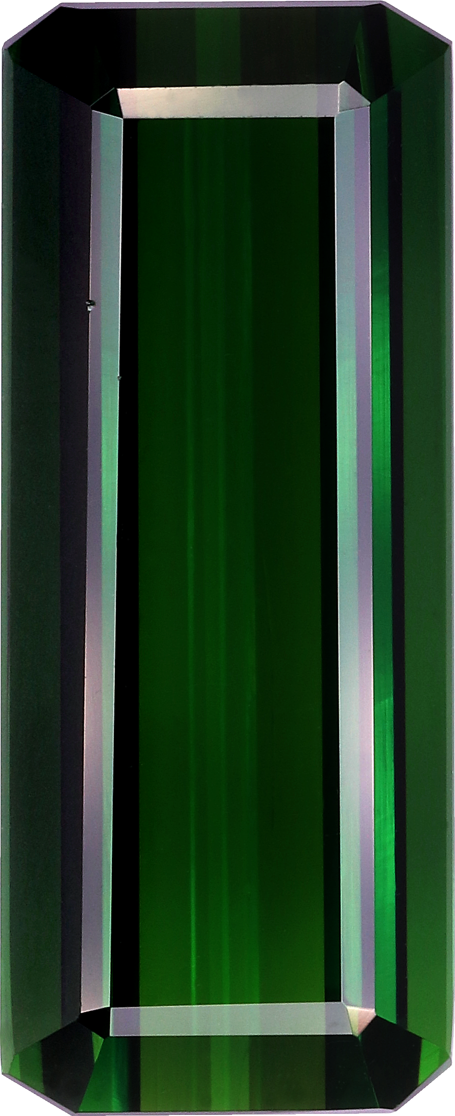 Rectangular cut chrome tourmaline, 23.41 by 9.58 mm, shown at actual size