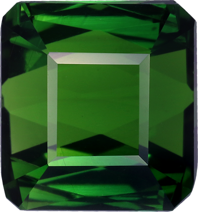 Rectangular cut chrome tourmaline, 7.07 by 7.61 mm, shown at actual size