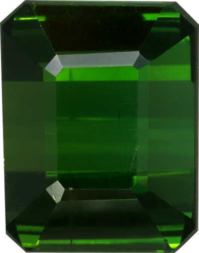 Rectangular cut chrome tourmaline, 7.84 by 10 mm, shown at actual size